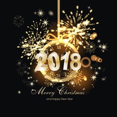 Hintergrund zum Jahreswechsel mit Feuerwerk und Christbaumkugel