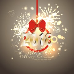 Hintergrund zum Jahreswechsel mit Feuerwerk und Christbaumkugel