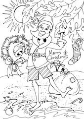 графический рисунок, Санта Клаус на пляже 