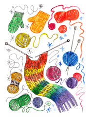акварельный рисунок, вязание и пряжа, вязанные варежки и шарф