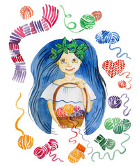 акварельный рисунок, девочка с корзиной пряжи, вязание и пряжа