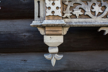 Fragments of the carved wooden trim on old houses in Tomsk, Western Siberia, Russia.