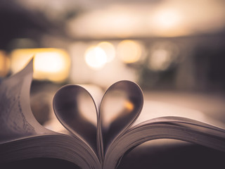 Heart from a book page against a beautiful sunset soft focus, retro style.
