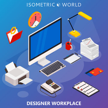 Modern flat 3d isometric concept of workplace with computer and office equipment. Vector infographics collection.