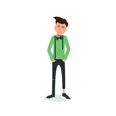 Exhausted and completely wiped out cartoon guy in casual clothes, gesturing. Vector illustration. Modern flat design.