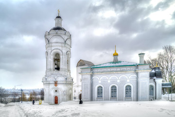 Church of the St. George and bell tower, in Kolomenskoye. Snowfall