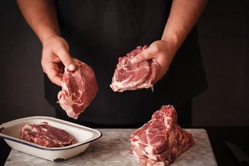 Photo sur Plexiglas Viande Pork chops raw meat stack copy space text cooking grilling food concept 