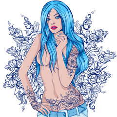 graphics beautiful girl with blue long hair and a tattoo on the body and the hands