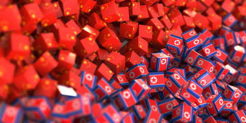 North Korea and China political relationship and conflict, original 3d rendering conceptual illustration, original flag textures © tostphoto
