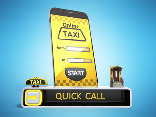 Ordering a taxi cab online internet service transportation concept navigation pin pointer with checker pattern and yellow taxi and phone 3d render on blue
