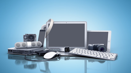 collection of consumer electronics 3D render on blue background - obrazy, fototapety, plakaty