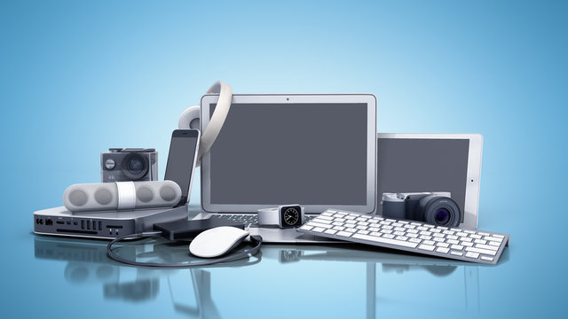 collection of consumer electronics 3D render on blue background