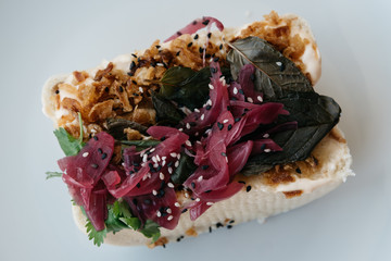 Close up photo of a traditional bao steamed bun with pork fillin