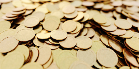 Infinite golden coins horizontal background, realistic texture, original 3d rendering background