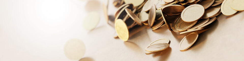 Infinite golden coins horizontal background, realistic texture, original 3d rendering background