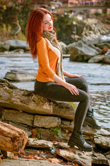 Travel in mountains. River with stones on shore. Heat temptation. Satisfaction of wish. Lady in peace and harmony and rest in pleasure, Mountain lake, beautiful girl relaxing vacation concept