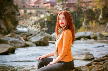 Travel in mountains. River with stones on shore. Heat temptation. Satisfaction of wish. Lady in peace and harmony and rest in pleasure, Mountain lake, beautiful girl relaxing vacation concept