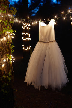 Close Up Of A Little Girl Dress Hanging On Christmas Lights And A Tree