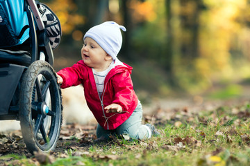 Baby boy playing in autumn forest with stroller, outdoors fun - 177892710