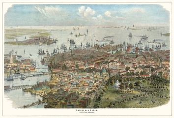 Old aerial view of Boston, Massachusetts.  Created by J.C.W. Aarland, publ. Germany (?)