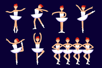 Ballerina different poses in dancing isolated on white background. Ballet vector flat illustration. Ballet dancer, princess, ballerina girl vector stock illustration. Swan lake illustration © Bezvershenko