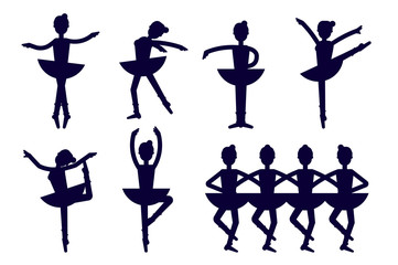 Ballerina silhouette poses isolated on white background. Ballet icons vector. Ballet dancer, princess, ballerina girl in dancing vector stock illustration. Swan lake illustration. © Bezvershenko
