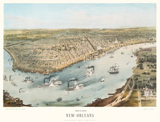 Old aerial view of  New Orleans, Louisiana. By John Bachmann, publ. A. Guerber & Co., 1851