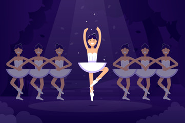 Ballet vector flat illustration, ballerinas in dancing on the stage with light on the dark background. Ballet prima ballerina performance. Ballet flat design banner stock illustration © Bezvershenko