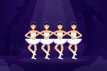Ballet vector flat illustration, ballerinas in dancing on the stage with light on the dark background. Ballet flat design banner stock illustration © Bezvershenko