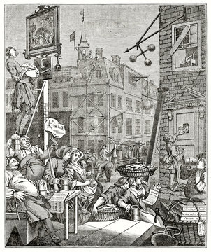 Old engraved reproduction of a print entitled Beer Street. After Hogarth, grayscale execution published on the Penny Magazine, London, 1835