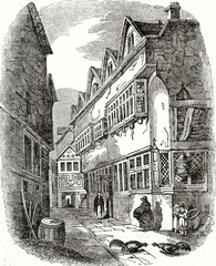 Old grayscale illustration of a poor ancient street. Carter's passage, Oxford, England. By unidentified author, published on the Penny Magazine, London, 1835