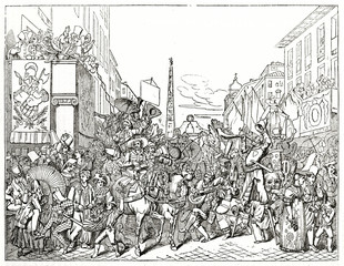 Old black and white illustration of a crowd during a ancient carnival party. Italian carnival in Rome. Created by Jackson, published on Penny Magazine, London, 1835