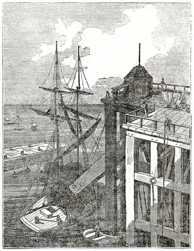 Old grayscale illustration of loading coal on a ship in Seaham harbor, England. By unidentified author, published on  Penny Magazine, London, 1835