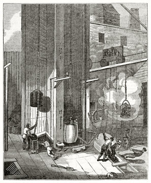 Old grayscale illustration of workers in South Hetton colliery next to the mouth of coal pit, United Kingdom. By unidentified author, published on  Penny Magazine, London, 1835