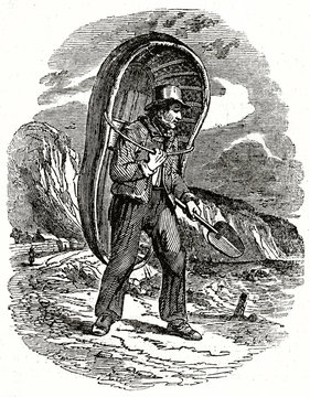 Old grayscale illustration of a man bringing a coracle on shoulders (Wales traditional small boat). By unidentified author, published on the Penny Magazine, London, 1835