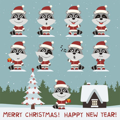 Merry christmas and happy new year! Set of raccoon in different poses on background snowflakes. Collection of raccoon in cartoon style for christmas design.