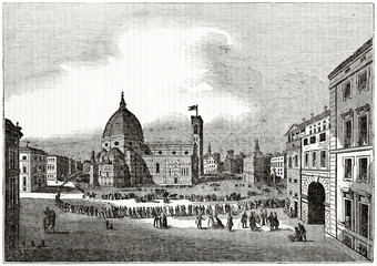 Old grayscale illustration. Panoramic view of Florence cathedral, Italy. People are in line, waiting to enter inside. By unidentified author, published on the Penny Magazine, London, 1835