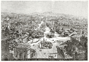 Old grayscale illustration. Panoramic top view of Roman Forum, Italy. By unidentified author, published on  Penny Magazine, London, 1835