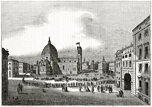 Old grayscale illustration. Panoramic view of Florence cathedral, Italy. People are in line, waiting to enter inside. By unidentified author, published on the Penny Magazine, London, 1835