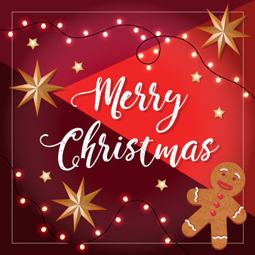 Merry Christmas vector illustration with gingerbread man, stars and lights. Greetings card design template