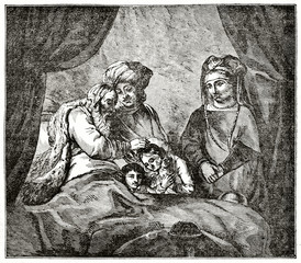 Old grayscale illustration of a aged man in his bed giving a bless to a child. The Blessing of Jacob. Created by Jackson after Rembrandt, published on  Penny Magazine, London, 1835