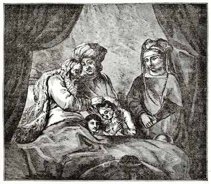 Old grayscale illustration of a aged man in his bed giving a bless to a child. The Blessing of Jacob. Created by Jackson after Rembrandt, published on  Penny Magazine, London, 1835