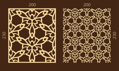 Laser cutting set. Woodcut vector panel. Plywood lasercut eastern design. Hexagonal seamless pattern for printing, engraving, paper cutting. Stencil ornament.