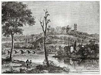 Old grayscale illustration of a medieval landscape with classic elements like river, bridge and castle. Lancaster, England. Created by Jackson, published on the Penny Magazine, London, 1835
