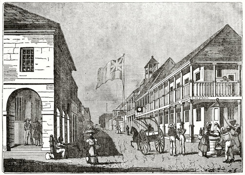 Old grayscale illustration of a typical colonial town. Central perspective. Harbour Street, Kingston, Jamaica. By unidentified author, published on the Penny Magazine, London, 1835