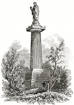 Old grayscale illustration of John Knox monument, Glasgow, Scotland. Central composition realized by unidentified author, published on  Penny Magazine, London, 1835