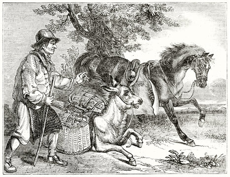 Old grayscale illustration of a farmer close to a donkey and a horse inspired to the fable of The Horse and The Ladden Ass. By unidentified author, published on  Penny Magazine, London, 1835