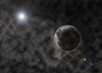 Obraz na płótnie Canvas Extrasolar planet. Stone Planet with moon on background nebula. 3D illustration