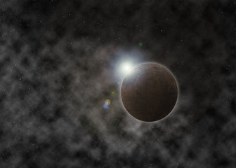 Fototapeta na wymiar Extrasolar planet. Stone Planet with moon on background nebula. 3D illustration
