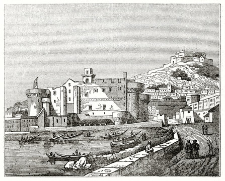 Old grayscale illustration. View on a sea castle and the close town. Castel Nuovo (New Castle) and Castel Sant'Elmo, Naples, Italy. Unidentified author, published on Penny Magazine, London, 1835
